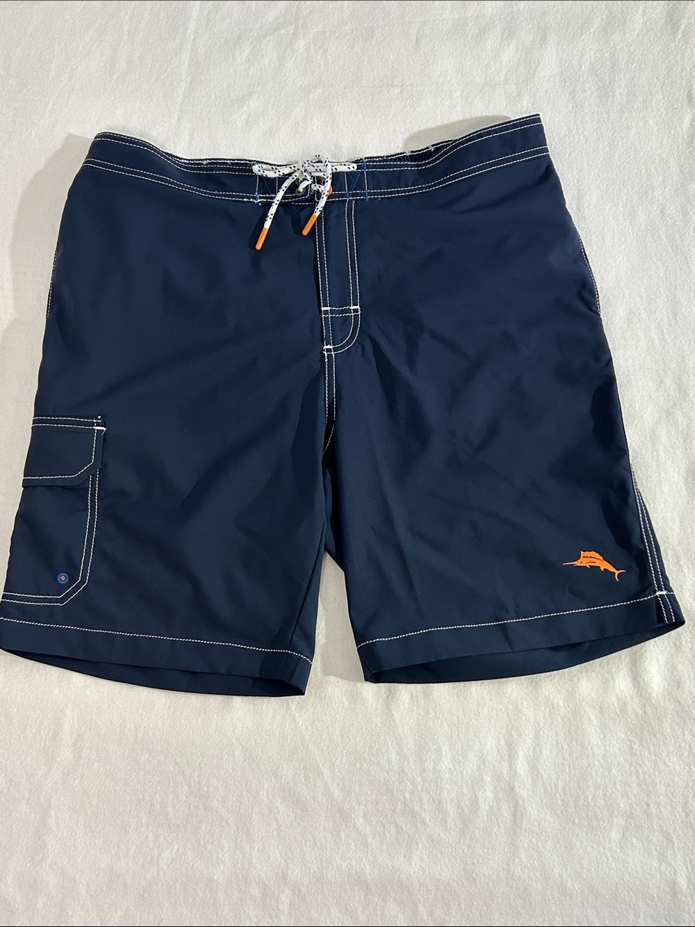 Men's Navy Tommy Bahama Swim Trunks with Orange Accent, Men’s L